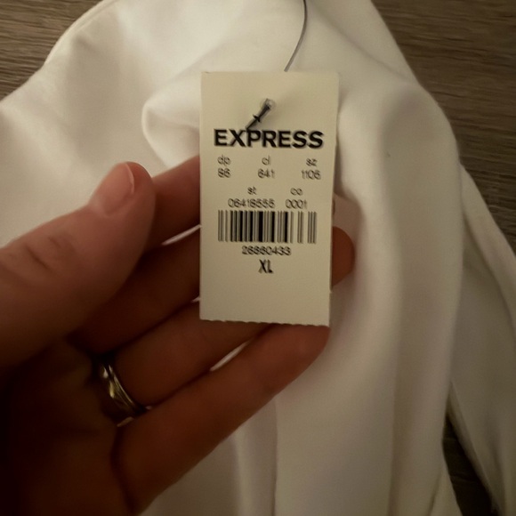 EXPRESS White Tie Shoulder Bodysuit XL Stretch Cotton Snap Bottom NWT - Picture 10 of 11
